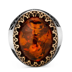 Customizable Silver Mens Ring with Orange Synthetic Stone - 2