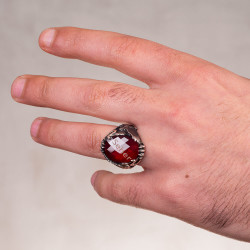 Customizable Silver Mens Ring with Red Zircon Stonework - 4