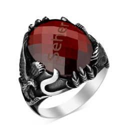 Customizable Silver Mens Ring with Red Zircon Stonework 