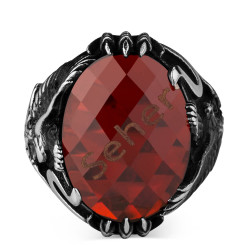 Customizable Silver Mens Ring with Red Zircon Stonework - 2