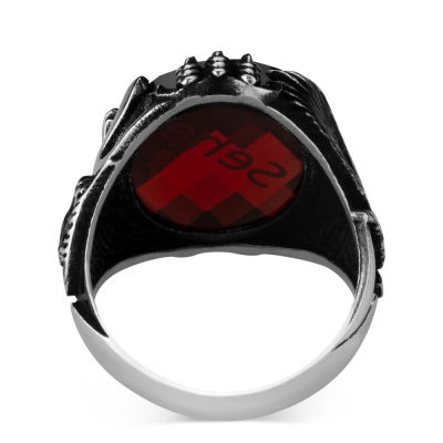 Customizable Silver Mens Ring with Red Zircon Stonework - 3
