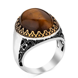 Customizable Silver Mens Ring with Tigereye Stone - 1