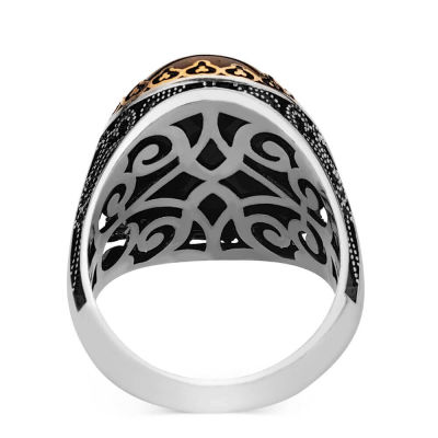 Customizable Silver Mens Ring with Tigereye Stone - 3