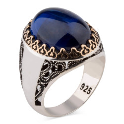 Customizable Sterling Silver Mens Ring with Blue Zircon Stone - 1