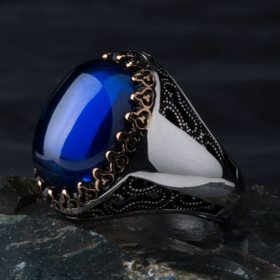 Customizable Sterling Silver Mens Ring with Blue Zircon Stone - 5