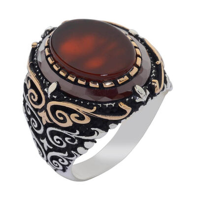 Dark Burgundy Agate Stone 925 Sterling Silver Men's Ring Surrounded by Burgundy Stone - 1