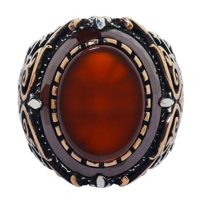 Dark Burgundy Agate Stone 925 Sterling Silver Men's Ring Surrounded by Burgundy Stone - 2