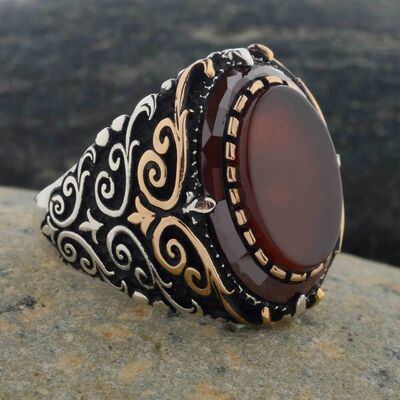Dark Burgundy Agate Stone 925 Sterling Silver Men's Ring Surrounded by Burgundy Stone - 5