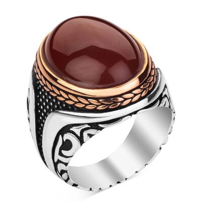 Dark Burgundy Agate Stone Silver Men's Ring - 1