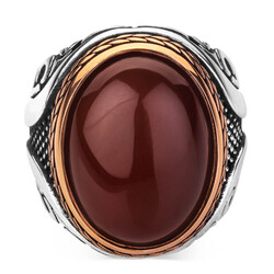 Dark Burgundy Agate Stone Silver Men's Ring - 2