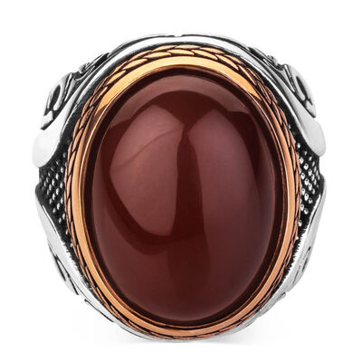 Dark Burgundy Agate Stone Silver Men's Ring - 2