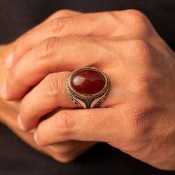 Dark Burgundy Agate Stone Silver Men's Ring - 4