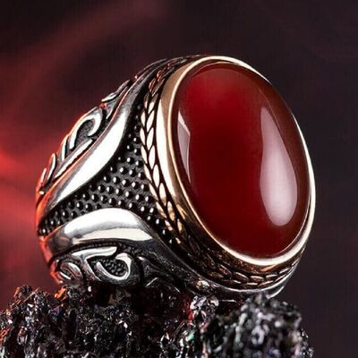 Dark Burgundy Agate Stone Silver Men's Ring - 5