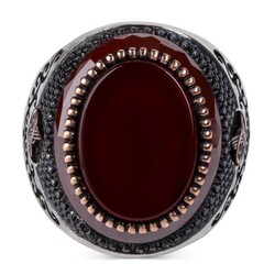 Dark Burgundy Agate Stone Silver Men's Ring with Tughra on sides - 2