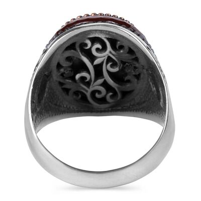 Dark Burgundy Agate Stone Silver Men's Ring with Tughra on sides - 3