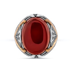 Dark Claret Red Agate Stone V Motif Sterling Silver Men's Ring - 2