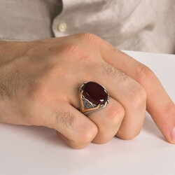 Dark Claret Red Agate Stone V Motif Sterling Silver Men's Ring - 3