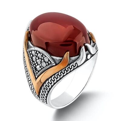 Dark Claret Red Agate Stone V Motif Sterling Silver Men's Ring - 1