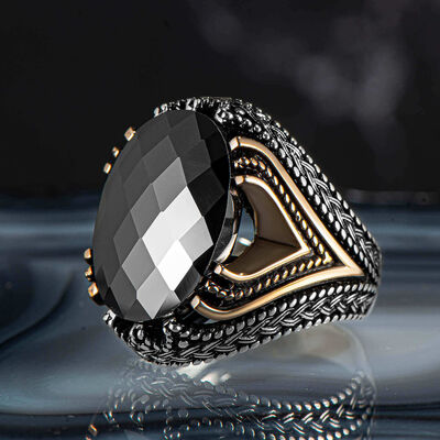 Dark Power Faceted Black Zircon Stone Silver Men's Ring - 1