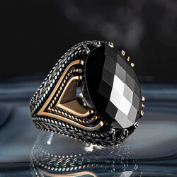 Dark Power Faceted Black Zircon Stone Silver Men's Ring - 2