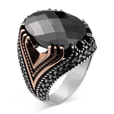 Dark Power Faceted Black Zircon Stone Silver Men's Ring - 3