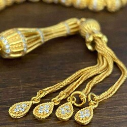 Dört Püsküllü Gold Renk 925 Ayar Gümüş Tesbih - Thumbnail