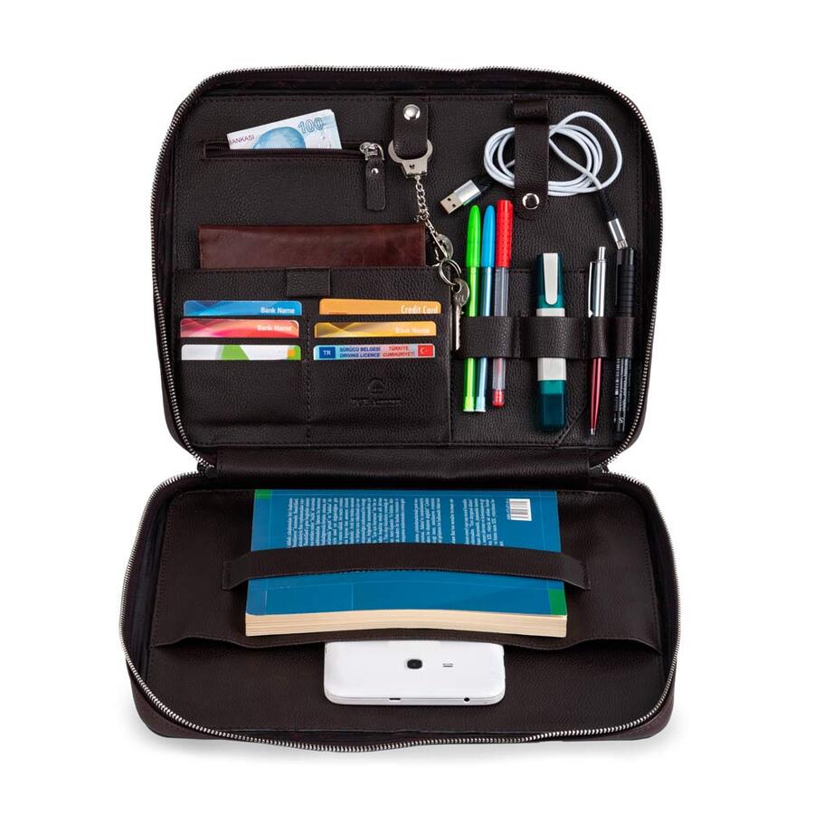 Exclusive Hakiki Deri Organizer Çanta Kahverengi