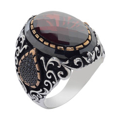 Facet Cut Red Zircon Stone Silver Men's Ring with Drop Figure 