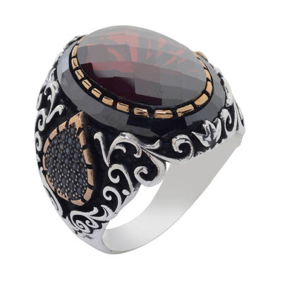 Facet Cut Red Zircon Stone Silver Men's Ring with Drop Figure - 1