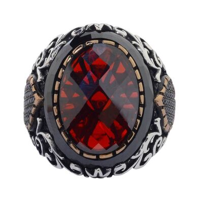 Facet Cut Red Zircon Stone Silver Men's Ring with Drop Figure - 3