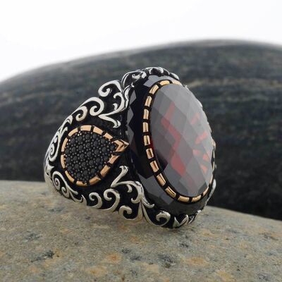 Facet Cut Red Zircon Stone Silver Men's Ring with Drop Figure - 5
