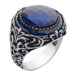 Faceted Blue Zircon Stone 925 Sterling Silver Men's Ring Surrounded by Blue Stone - 1