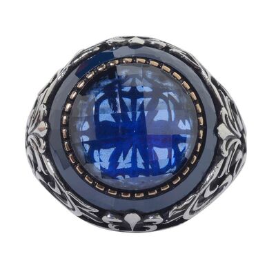 Faceted Blue Zircon Stone 925 Sterling Silver Men's Ring Surrounded by Blue Stone - 2