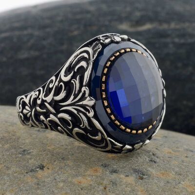 Faceted Blue Zircon Stone 925 Sterling Silver Men's Ring Surrounded by Blue Stone - 5