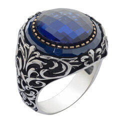 Faceted Blue Zircon Stone 925 Sterling Silver Men's Ring Surrounded by Blue Stone - 6