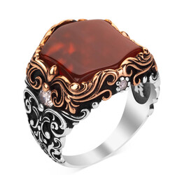 Fashionable Design Plain Zircon Dark Burgundy Stone Silver Men's Ring - 1