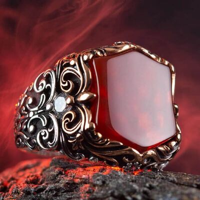 Fashionable Design Plain Zircon Dark Burgundy Stone Silver Men's Ring - 5