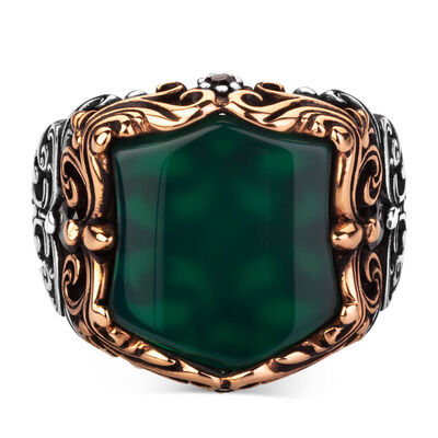 Fashionable Design Plain Zircon Green Stone Silver Men's Ring - 2