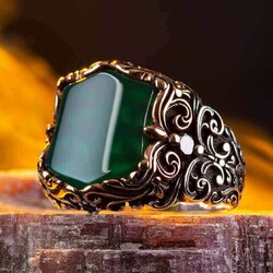 Fashionable Design Plain Zircon Green Stone Silver Men's Ring - 5
