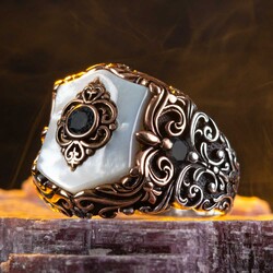 Fashionable Design White Mother of Pearl Stone Silver Men Ring - 5