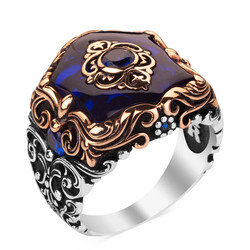 Fashionable Design Zircon Blue Stone Silver Men's Ring 