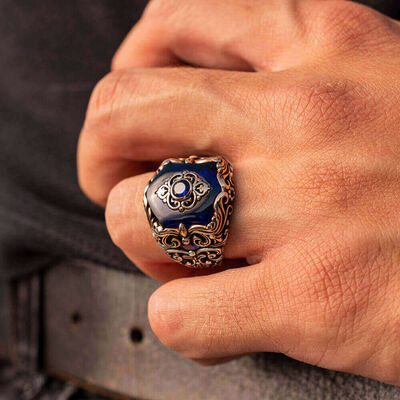 Fashionable Design Zircon Blue Stone Silver Men's Ring - 4