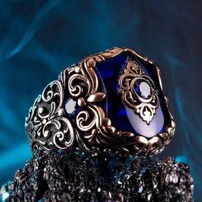 Fashionable Design Zircon Blue Stone Silver Men's Ring - 5