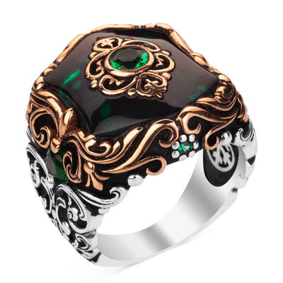 Fashionable Design Zircon Green Stone Silver Men's Ring - 1