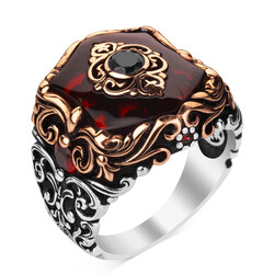 Fashionable Design Zircon Red Stone Silver Men's Ring - 1
