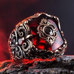 Fashionable Design Zircon Red Stone Silver Men's Ring - 5