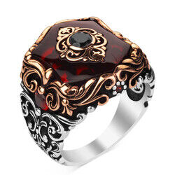 Fashionable Design Zircon Red Stone Silver Men's Ring - 6