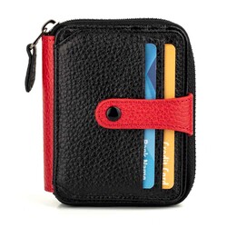 Genuine Leather Men's Zipper Wallet with Snap Closure Black-Red 