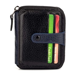 Genuine Leather Men's Zipper Wallet with Snap Closure Black-Navy Blue 
