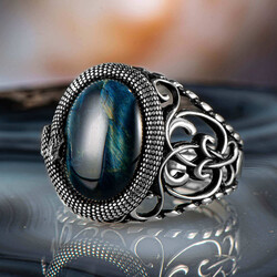 Furious Snake Pattern Blue Tiger Eye Stone Sterling Silver Men's Ring - 1